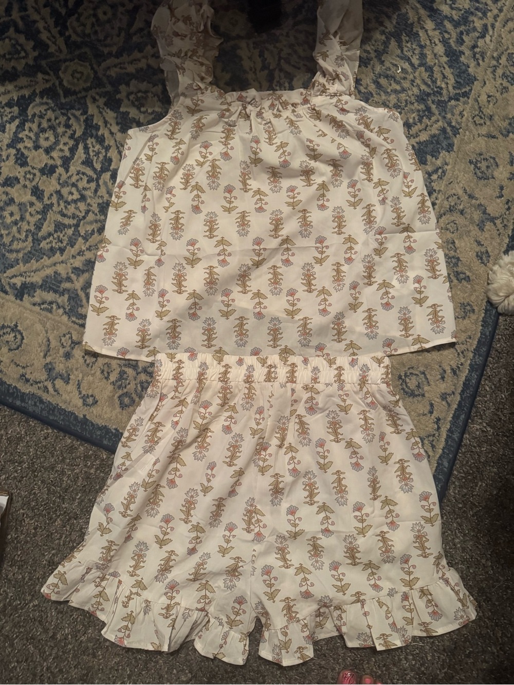 Women's Floral Ruffle-Trim Pajama Set - White with Light Blue & Green - Picture 5 of 7
